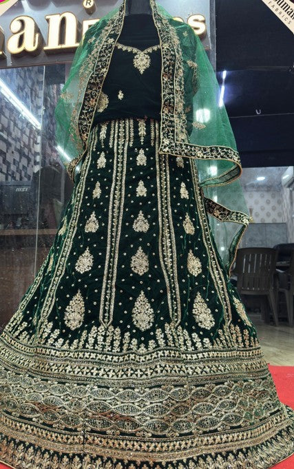Net fabric with Embroidered, Georgete Hand Made Bridal & Party Wear Lehenga, Green Colour
